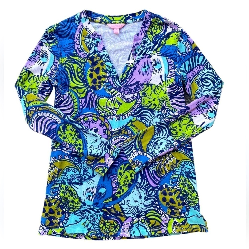 Lilly Pulitzer Christie Cat Print V-Neck Long Sleeve Tunic Top Sz Small Preppy
